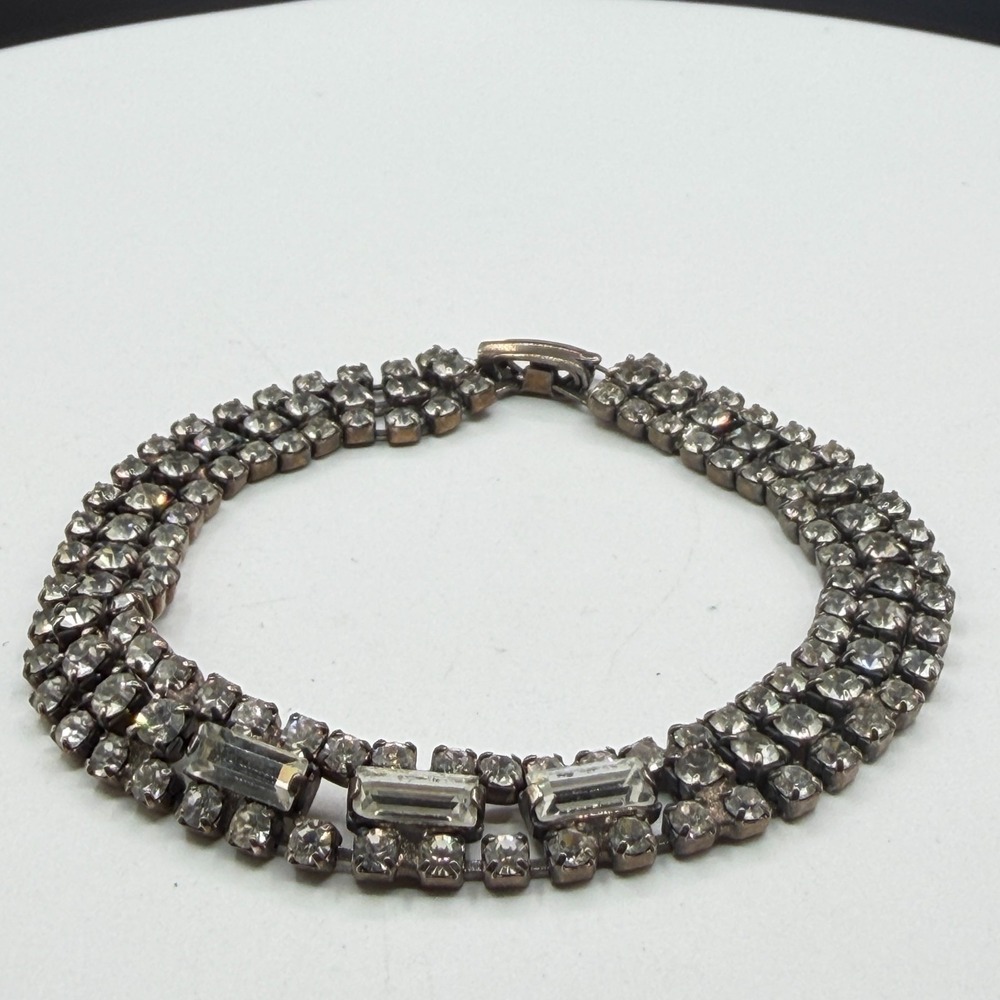 Clear Rhinestone Silver Tone Multi Row Bracelet Baguette Statement Bridal Gift